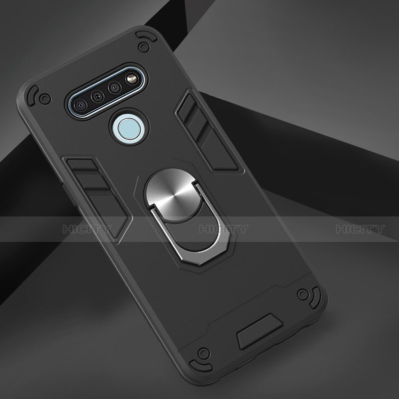 LG K51用ハイブリットバンパーケース プラスチック アンド指輪 マグネット式 LG ブラック