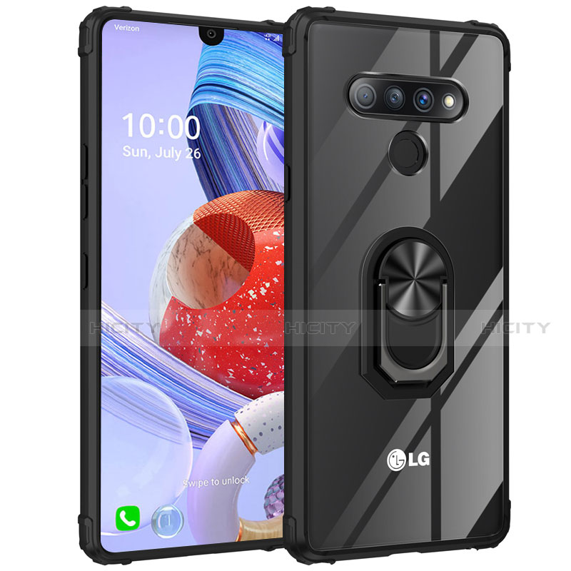 LG Stylo 6用360度 フルカバーハイブリットバンパーケース クリア透明 プラスチック 鏡面 アンド指輪 マグネット式 LG ブラック