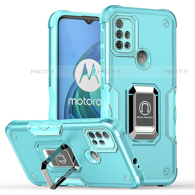 Motorola Moto G10 Power用ハイブリットバンパーケース プラスチック アンド指輪 マグネット式 S05 モトローラ シアン