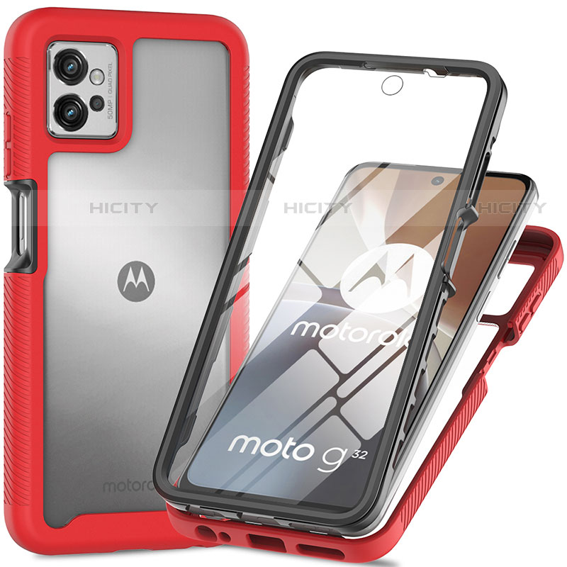 Motorola Moto G32用360度 フルカバー ハイブリットバンパーケース クリア透明 プラスチック カバー モトローラ レッド