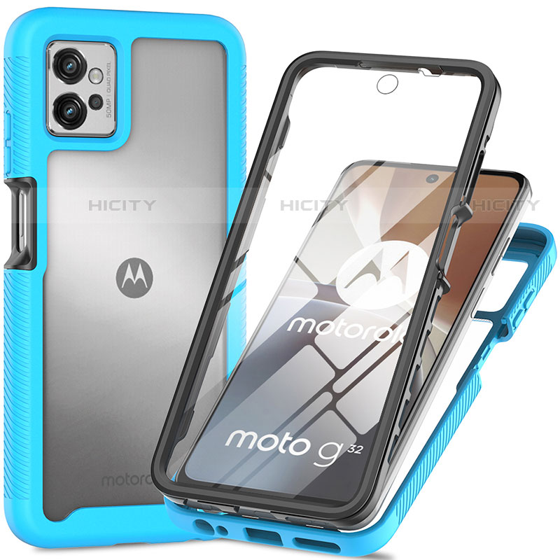 Motorola Moto G32用360度 フルカバー ハイブリットバンパーケース クリア透明 プラスチック カバー モトローラ シアン