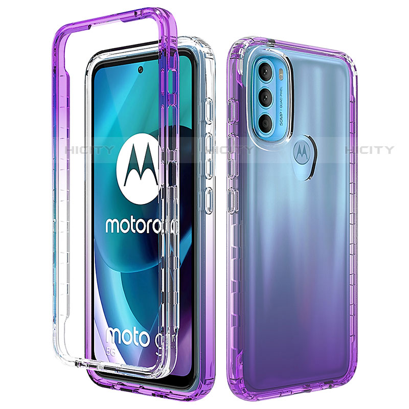 Motorola Moto G71 5G用前面と背面 360度 フルカバー 極薄ソフトケース シリコンケース 耐衝撃 全面保護 バンパー 勾配色 透明 モトローラ パープル