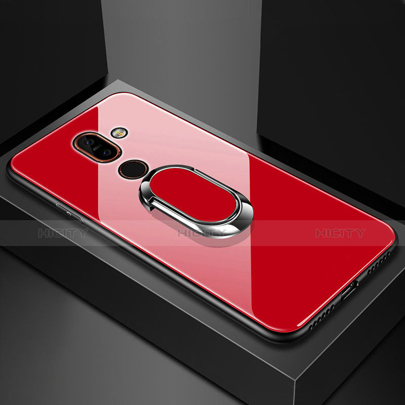 Nokia 7 Plus用ハイブリットバンパーケース プラスチック 鏡面 カバー アンド指輪 ノキア レッド