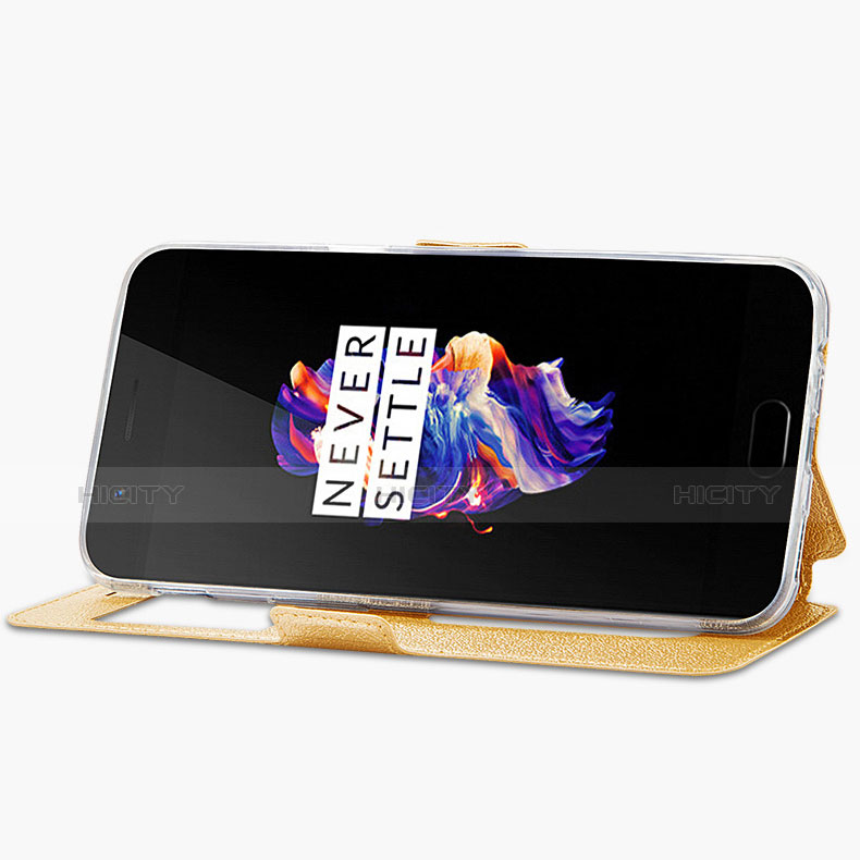OnePlus 5用手帳型 レザーケース スタンド OnePlus ゴールド