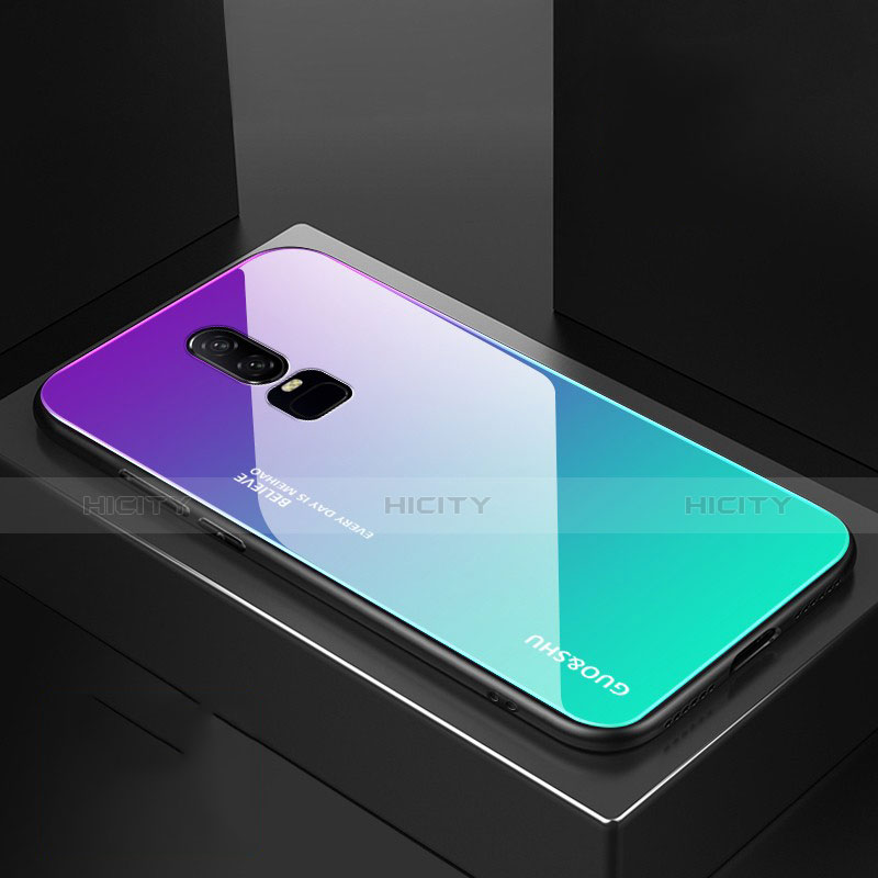 OnePlus 6用ハイブリットバンパーケース プラスチック 鏡面 虹 グラデーション 勾配色 カバー OnePlus シアン