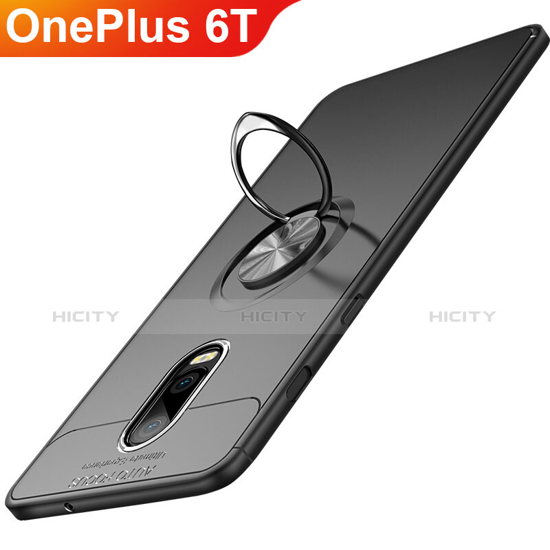 OnePlus 6T用極薄ソフトケース シリコンケース 耐衝撃 全面保護 アンド指輪 マグネット式 OnePlus ブラック