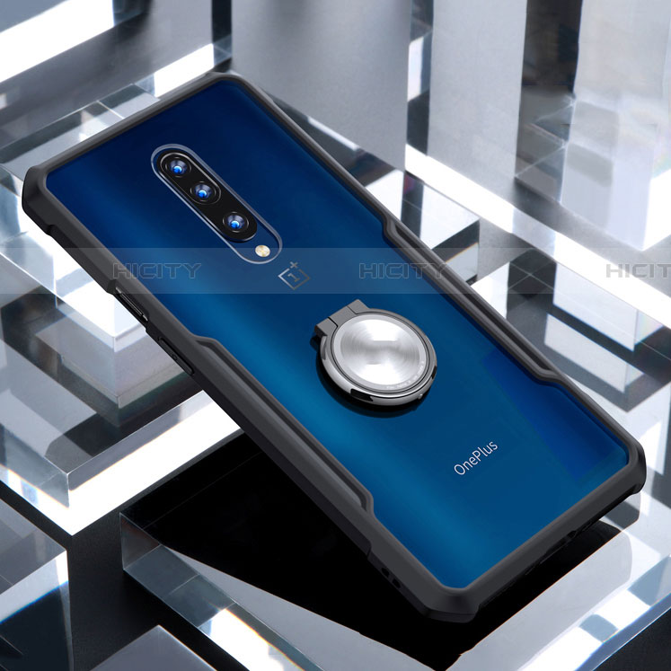 OnePlus 7 Pro用360度 フルカバーハイブリットバンパーケース クリア透明 プラスチック 鏡面 アンド指輪 マグネット式 OnePlus ブラック