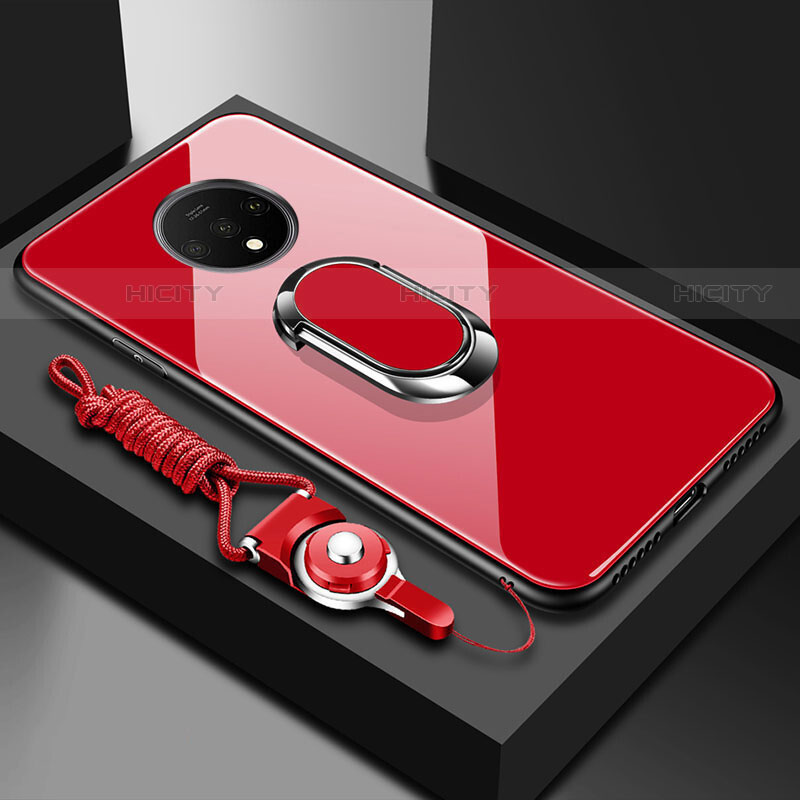 OnePlus 7T用ハイブリットバンパーケース プラスチック 鏡面 カバー アンド指輪 マグネット式 OnePlus レッド