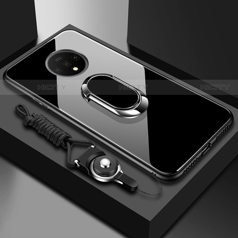 OnePlus 7T用ハイブリットバンパーケース プラスチック 鏡面 カバー アンド指輪 マグネット式 OnePlus ブラック