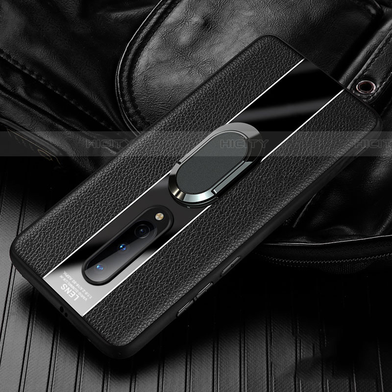 OnePlus 8用シリコンケース ソフトタッチラバー レザー柄 アンド指輪 マグネット式 T02 OnePlus ブラック