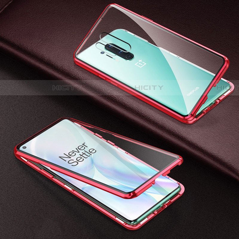 OnePlus 8 Pro用ケース 高級感 手触り良い アルミメタル 製の金属製 360度 フルカバーバンパー 鏡面 カバー T03 OnePlus レッド