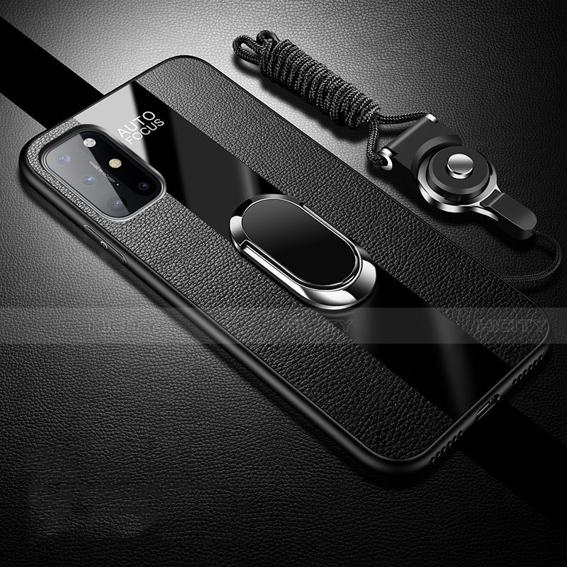 OnePlus 8T 5G用シリコンケース ソフトタッチラバー レザー柄 アンド指輪 マグネット式 OnePlus ブラック