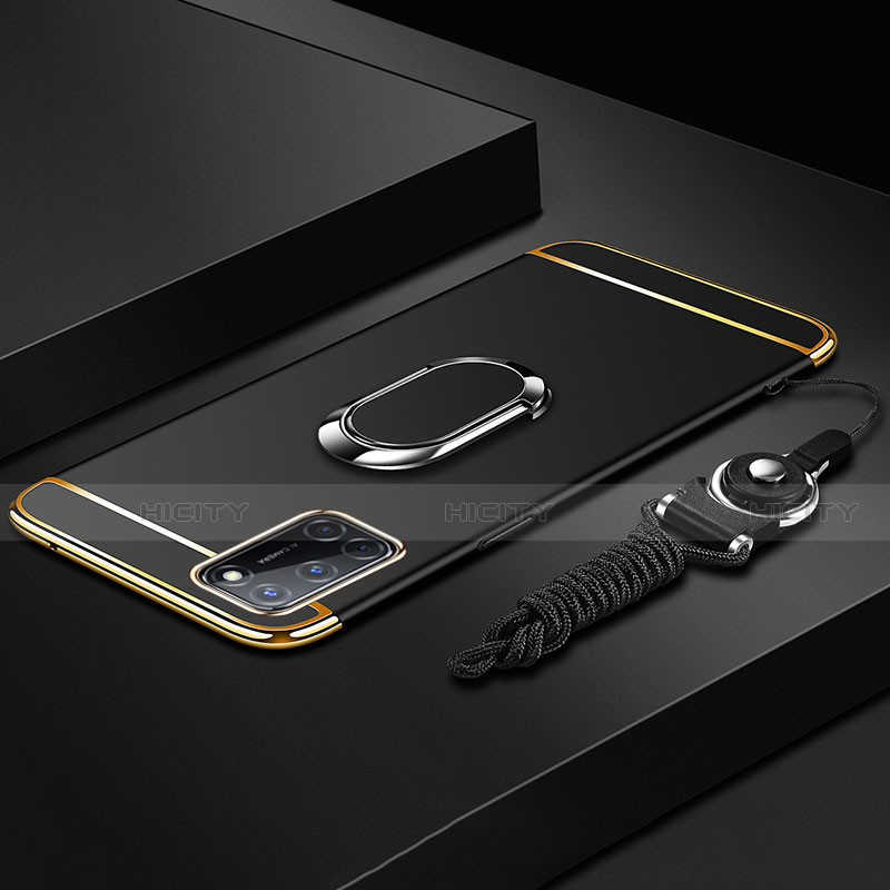 Oppo A52用ケース 高級感 手触り良い メタル兼プラスチック バンパー アンド指輪 亦 ひも Oppo ブラック