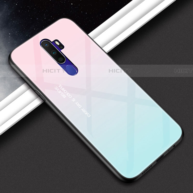 Oppo A9 (2020)用ハイブリットバンパーケース プラスチック 鏡面 虹 グラデーション 勾配色 カバー Oppo ピンク