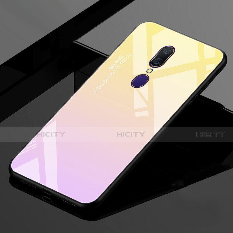 Oppo A9用ハイブリットバンパーケース プラスチック 鏡面 虹 グラデーション 勾配色 カバー Oppo ピンク