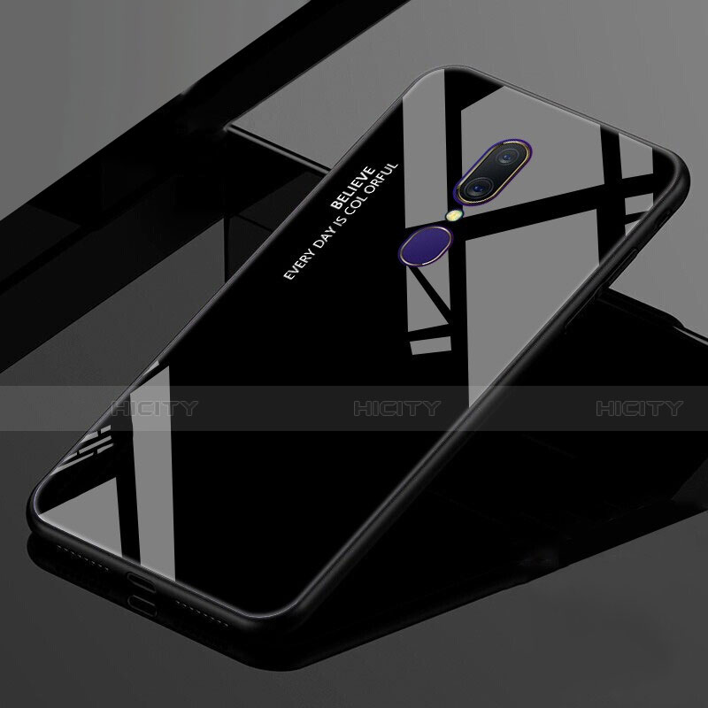 Oppo A9用ハイブリットバンパーケース プラスチック 鏡面 虹 グラデーション 勾配色 カバー Oppo ブラック