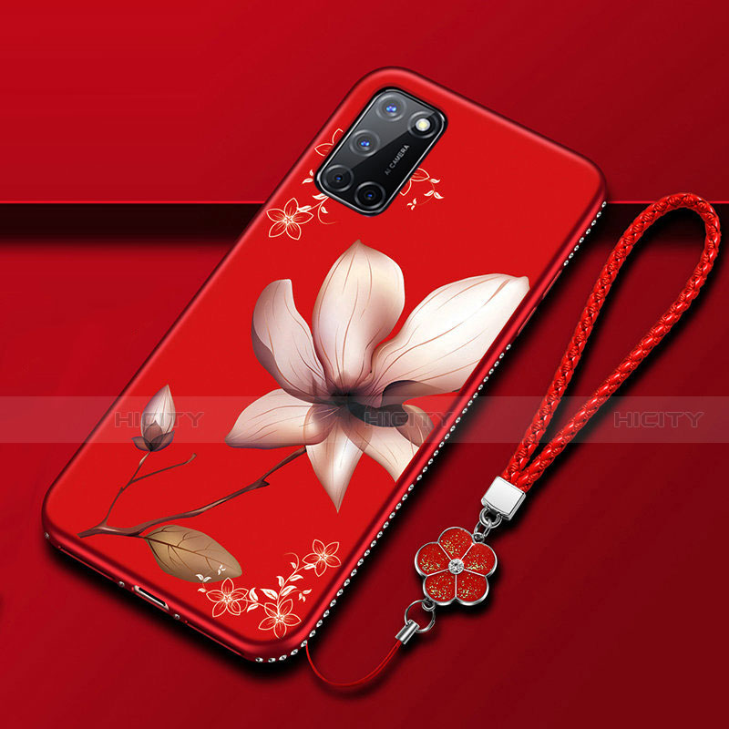 Oppo A92用シリコンケース ソフトタッチラバー 花 カバー S01 Oppo ワインレッド