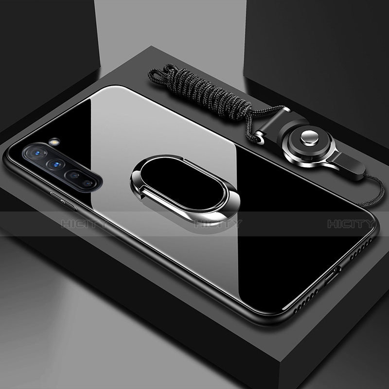 Oppo F15用ハイブリットバンパーケース プラスチック 鏡面 カバー アンド指輪 マグネット式 Oppo ブラック