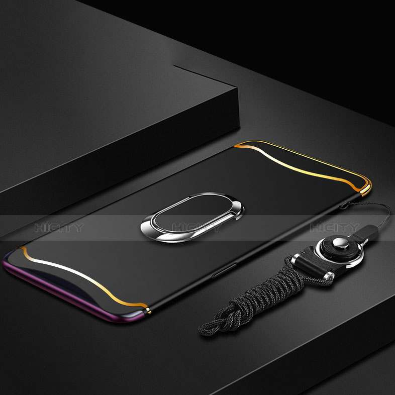 Oppo Find X用ケース 高級感 手触り良い メタル兼プラスチック バンパー アンド指輪 亦 ひも Oppo ブラック
