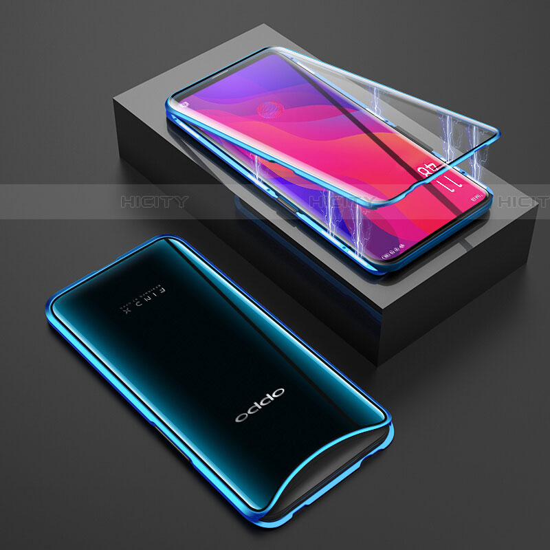 Oppo Find X Super Flash Edition用ケース 高級感 手触り良い アルミメタル 製の金属製 360度 フルカバーバンパー 鏡面 カバー T01 Oppo ネイビー