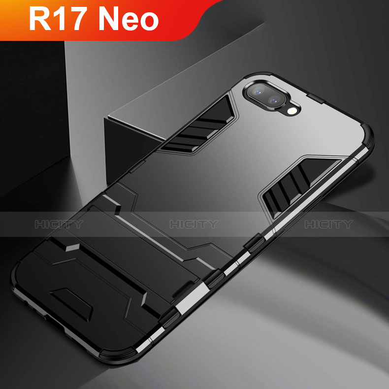 Oppo R17 Neo用ハイブリットバンパーケース スタンド プラスチック 兼シリコーン カバー A01 Oppo ブラック