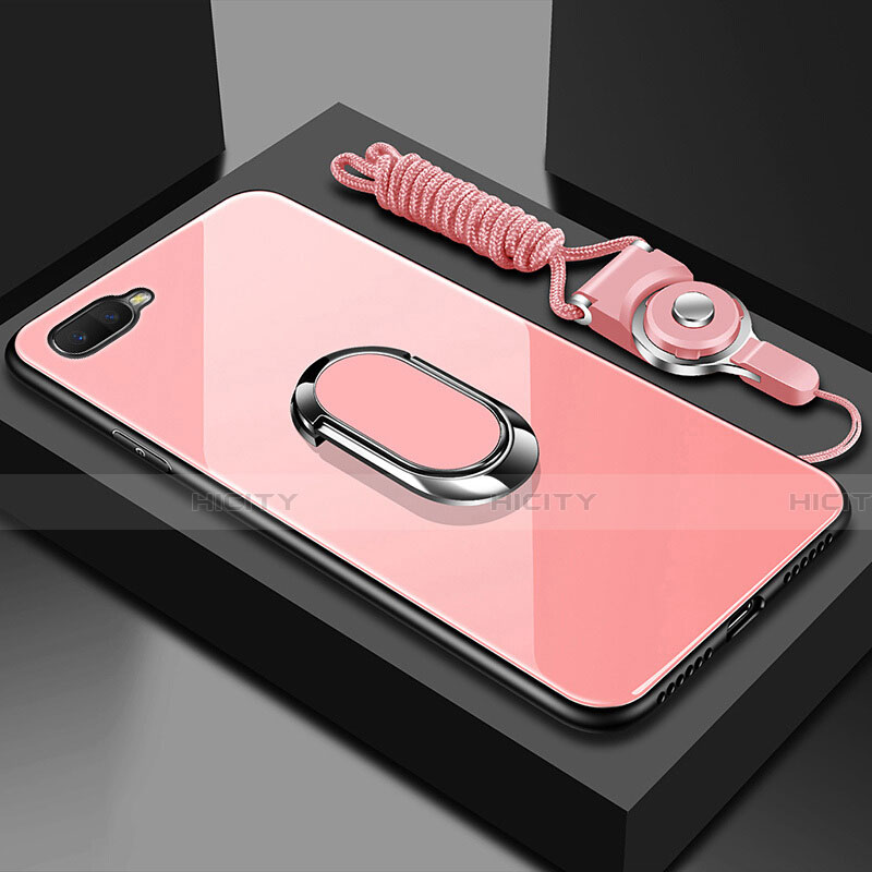 Oppo R17 Neo用ハイブリットバンパーケース プラスチック 鏡面 カバー アンド指輪 マグネット式 T02 Oppo ピンク