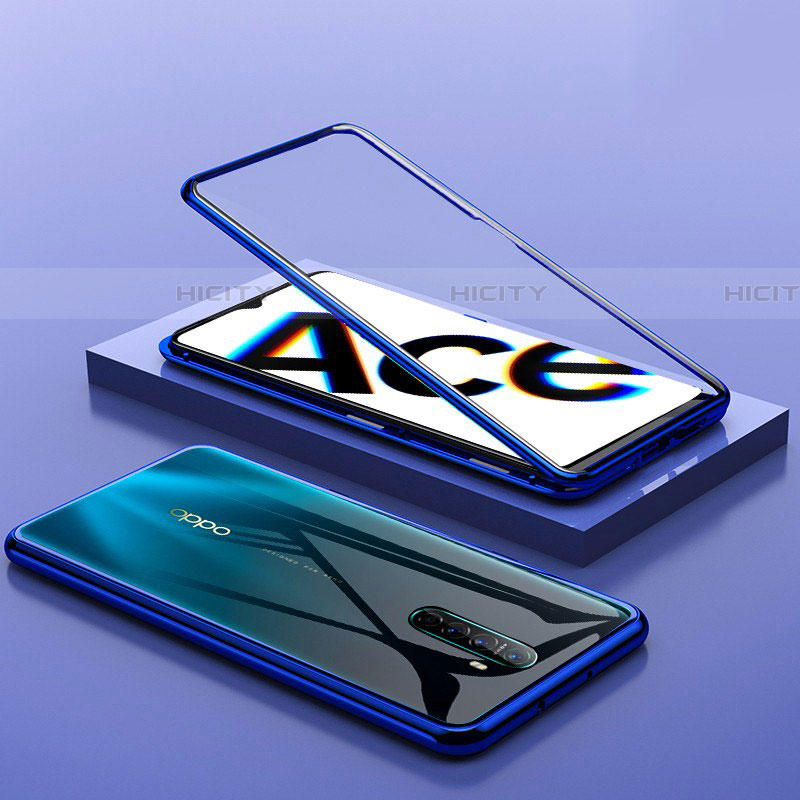 Oppo Reno Ace用ケース 高級感 手触り良い アルミメタル 製の金属製 360度 フルカバーバンパー 鏡面 カバー Oppo ネイビー