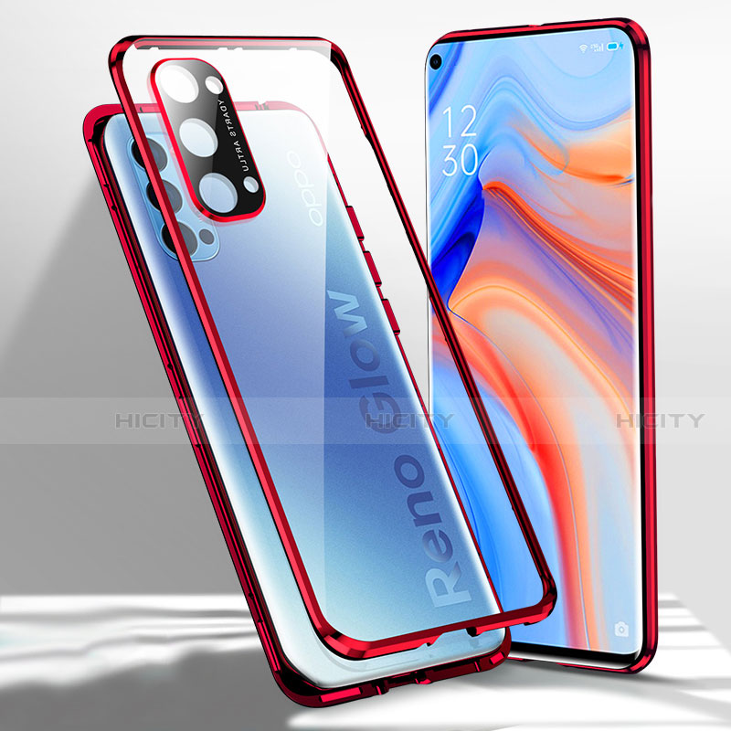 Oppo Reno4 5G用ケース 高級感 手触り良い アルミメタル 製の金属製 360度 フルカバーバンパー 鏡面 カバー Oppo レッド