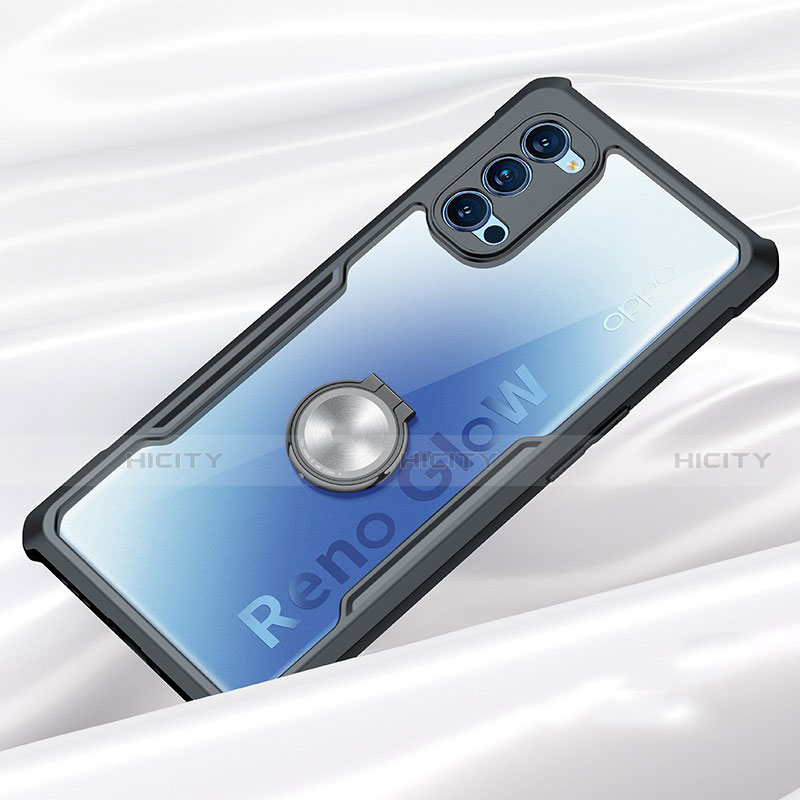 Oppo Reno4 5G用360度 フルカバーハイブリットバンパーケース クリア透明 プラスチック 鏡面 アンド指輪 マグネット式 Oppo ブラック