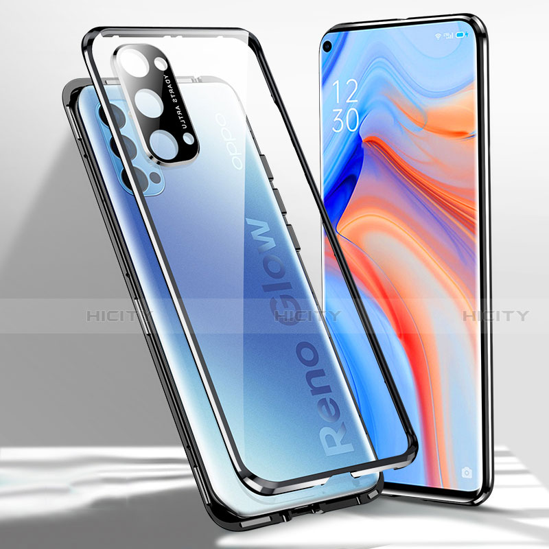 Oppo Reno4 5G用ケース 高級感 手触り良い アルミメタル 製の金属製 360度 フルカバーバンパー 鏡面 カバー Oppo 