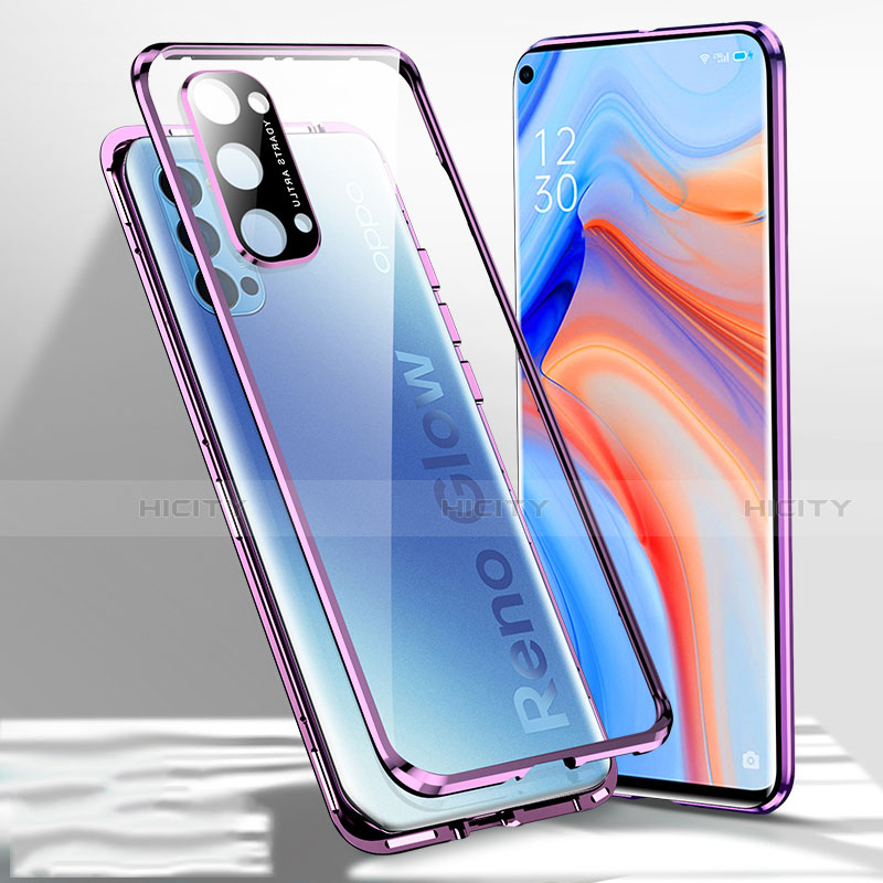 Oppo Reno4 Pro 5G用ケース 高級感 手触り良い アルミメタル 製の金属製 360度 フルカバーバンパー 鏡面 カバー Oppo パープル