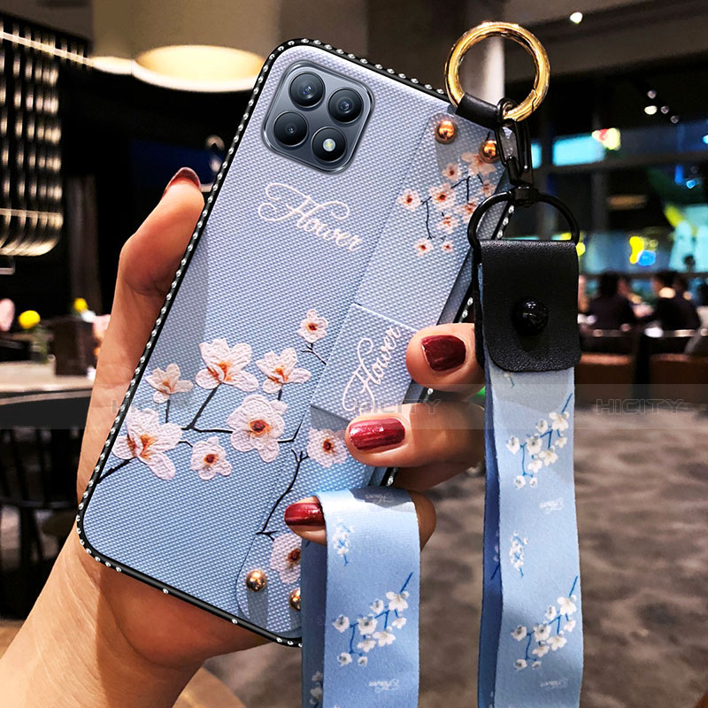 Oppo Reno4 SE 5G用シリコンケース ソフトタッチラバー 花 カバー Oppo ライトブルー