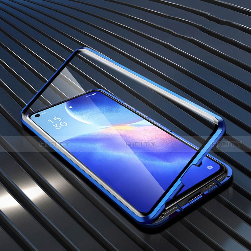 Oppo Reno5 5G用ケース 高級感 手触り良い アルミメタル 製の金属製 360度 フルカバーバンパー 鏡面 カバー M02 Oppo ネイビー