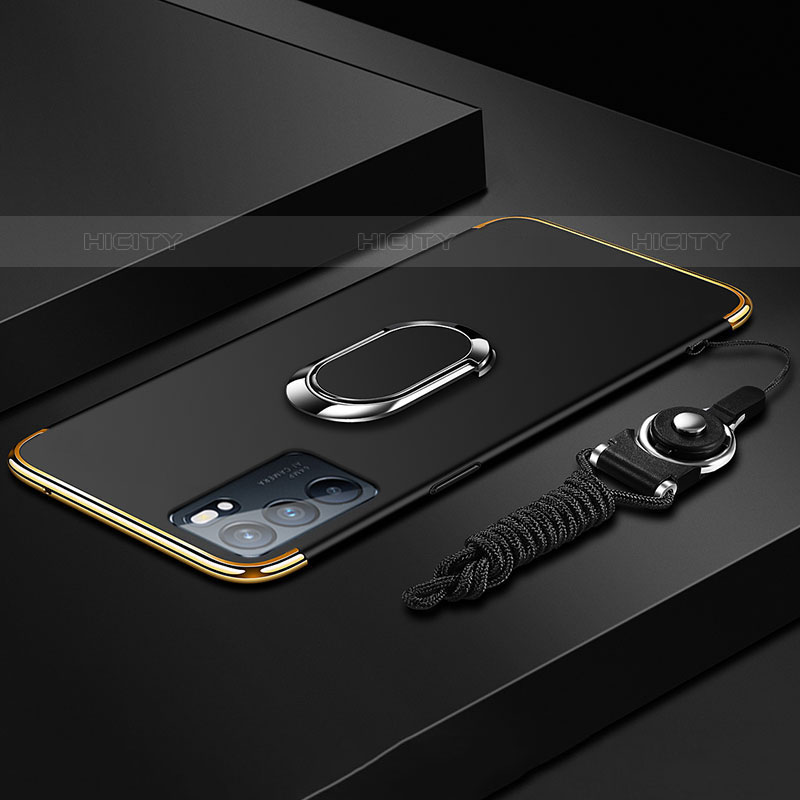 Oppo Reno6 5G用ケース 高級感 手触り良い メタル兼プラスチック バンパー アンド指輪 Oppo ブラック
