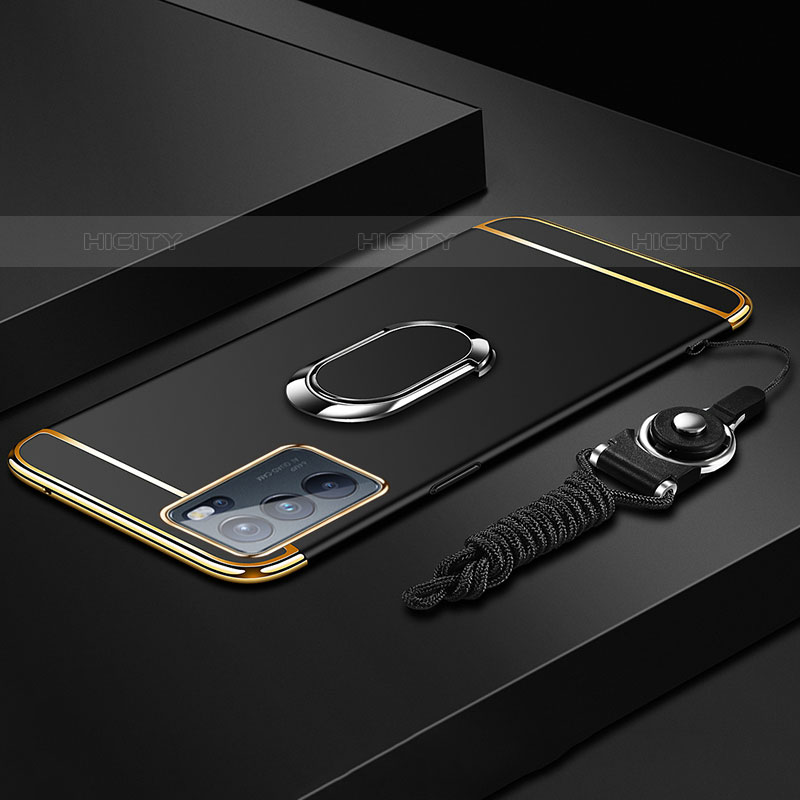 Oppo Reno6 Pro 5G India用ケース 高級感 手触り良い メタル兼プラスチック バンパー アンド指輪 Oppo ブラック