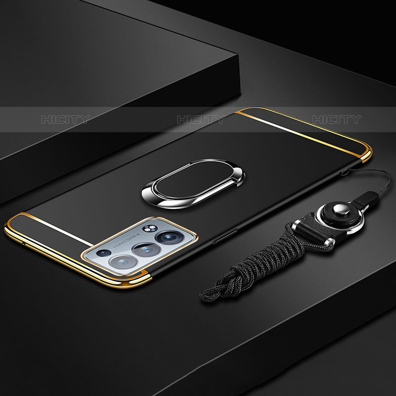 Oppo Reno6 Pro+ Plus 5G用ケース 高級感 手触り良い メタル兼プラスチック バンパー アンド指輪 Oppo ブラック