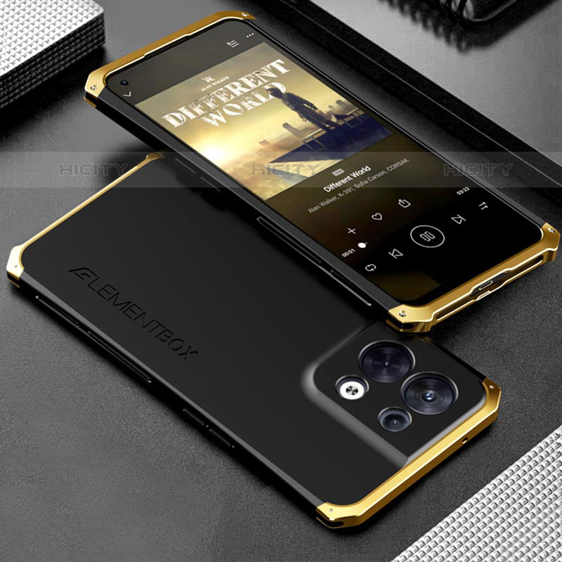 Oppo Reno8 5G用360度 フルカバー ケース 高級感 手触り良い アルミメタル 製の金属製 Oppo ゴールド・ブラック