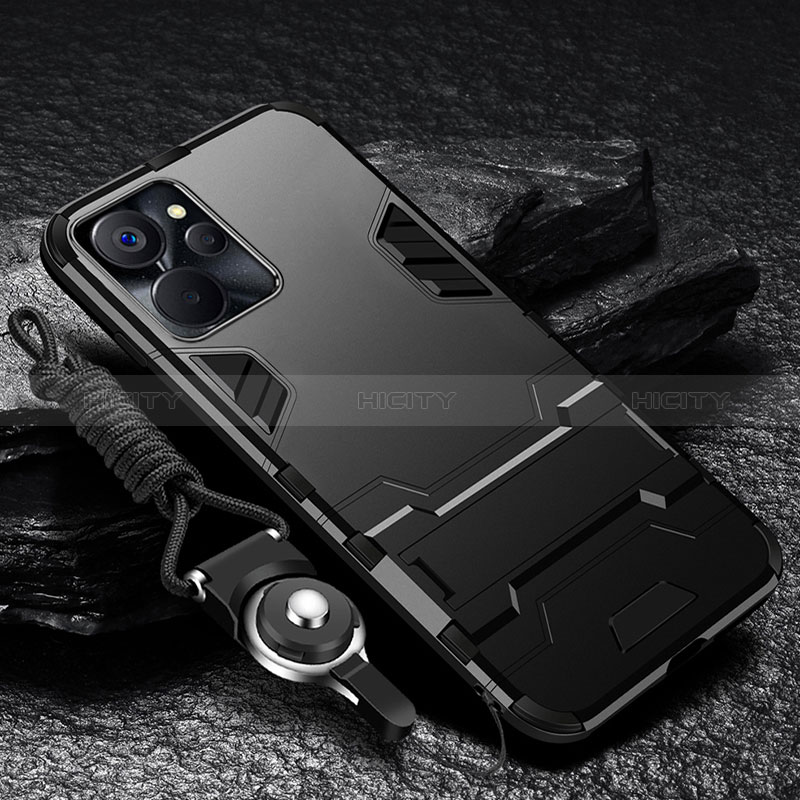 Realme 10T 5G用ハイブリットバンパーケース スタンド プラスチック 兼シリコーン カバー R01 Realme ブラック