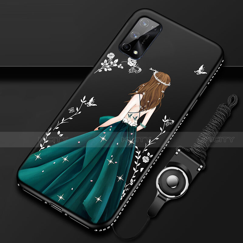 Realme Q2 Pro 5G用シリコンケース ソフトタッチラバー バタフライ ドレスガール ドレス少女 カバー Realme ブラック