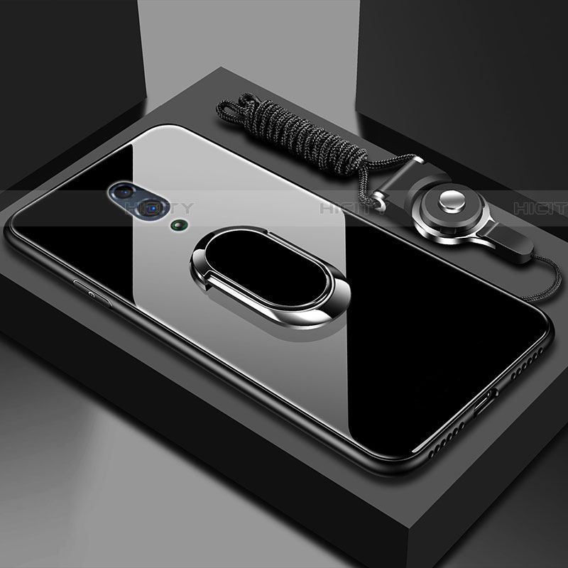 Realme X用ハイブリットバンパーケース プラスチック 鏡面 カバー アンド指輪 マグネット式 Realme ブラック