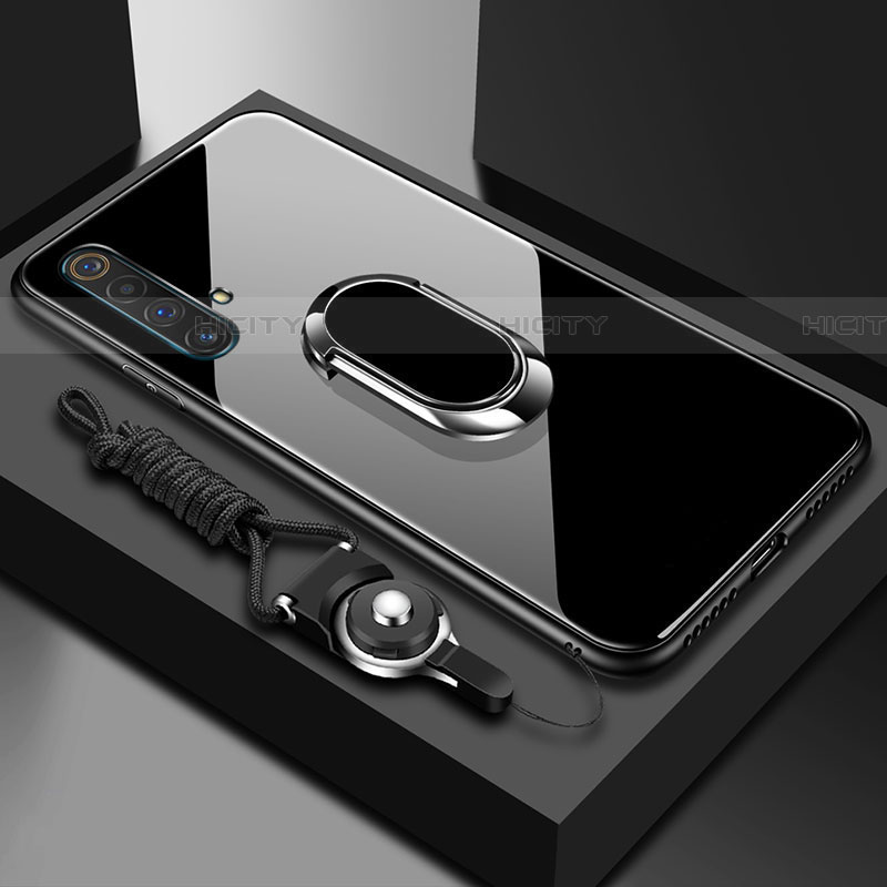 Realme X3 SuperZoom用ハイブリットバンパーケース プラスチック 鏡面 カバー アンド指輪 マグネット式 Realme ブラック