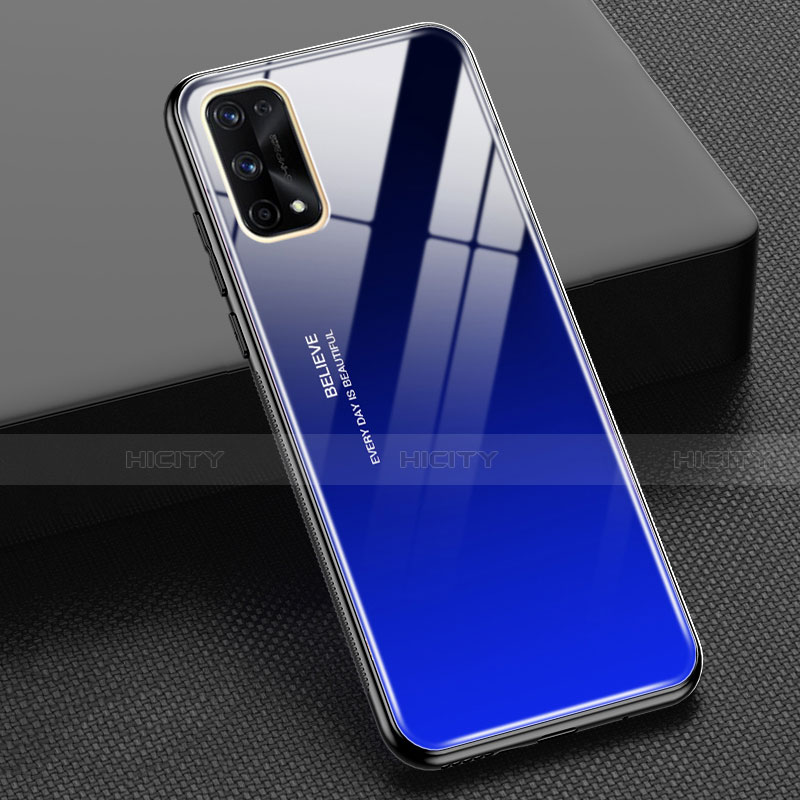 Realme X7 Pro 5G用ハイブリットバンパーケース プラスチック 鏡面 虹 グラデーション 勾配色 カバー Realme ネイビー