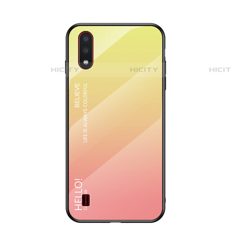 Samsung Galaxy A01 SM-A015用ハイブリットバンパーケース プラスチック 鏡面 虹 グラデーション 勾配色 カバー サムスン イエロー