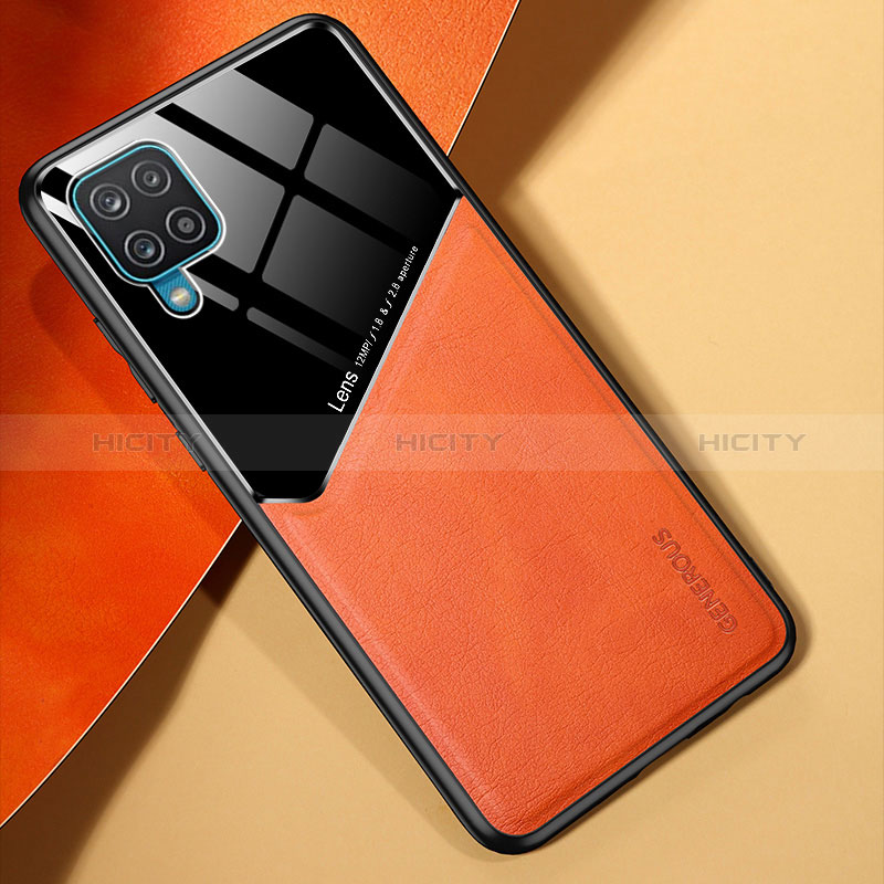 Samsung Galaxy A12 Nacho用シリコンケース ソフトタッチラバー レザー柄 アンドマグネット式 サムスン オレンジ