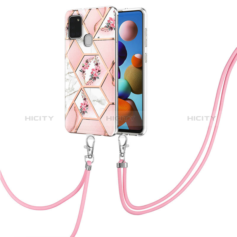 Samsung Galaxy A21s用シリコンケース ソフトタッチラバー バタフライ パターン カバー 携帯ストラップ Y02B サムスン ピンク