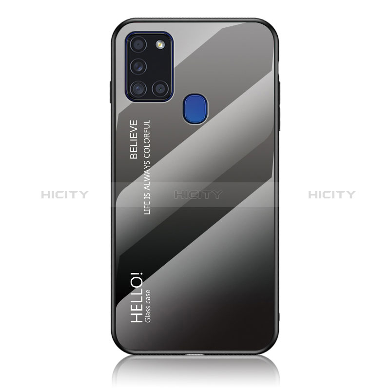Samsung Galaxy A21s用ハイブリットバンパーケース プラスチック 鏡面 虹 グラデーション 勾配色 カバー LS1 サムスン ダークグレー