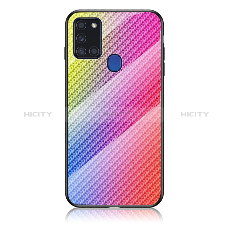 Samsung Galaxy A21s用ハイブリットバンパーケース プラスチック 鏡面 虹 グラデーション 勾配色 カバー LS2 サムスン ピンク