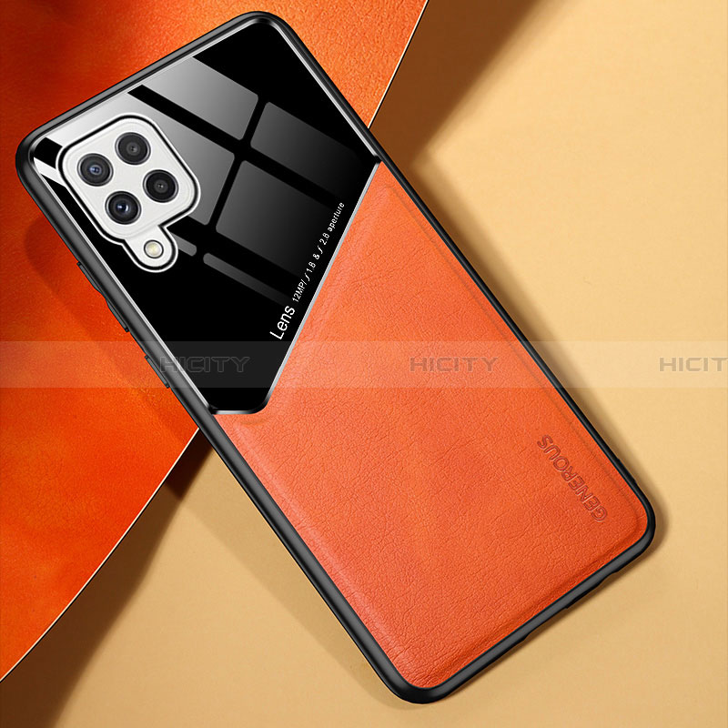 Samsung Galaxy A22 4G用シリコンケース ソフトタッチラバー レザー柄 アンドマグネット式 サムスン オレンジ