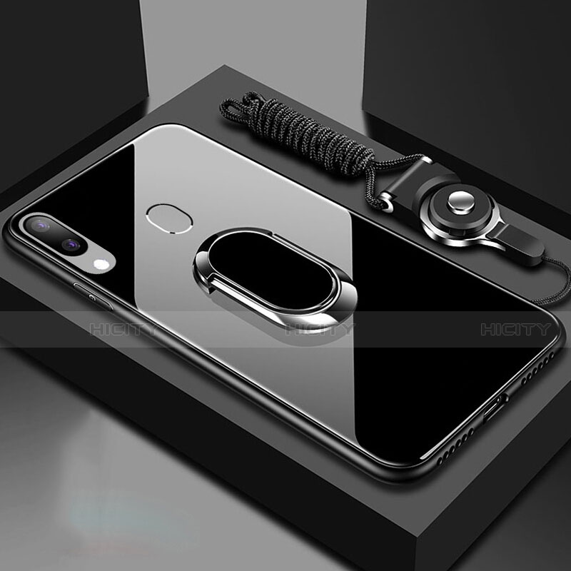 Samsung Galaxy A30用ハイブリットバンパーケース プラスチック 鏡面 カバー アンド指輪 マグネット式 サムスン ブラック