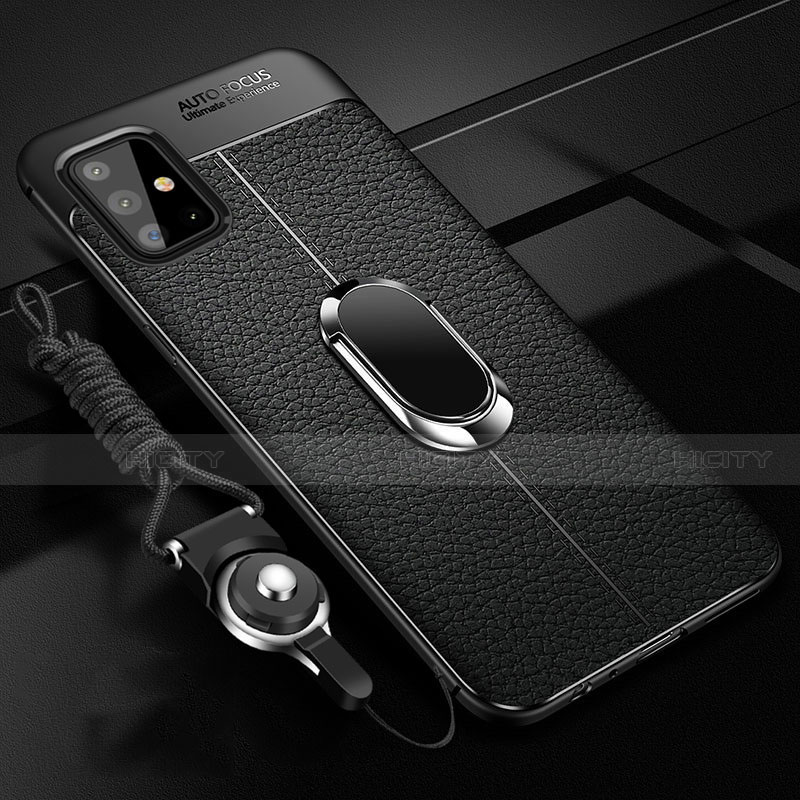 Samsung Galaxy A51 4G用シリコンケース ソフトタッチラバー レザー柄 アンド指輪 マグネット式 サムスン ブラック